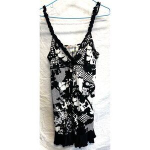 Linea Donatella Black & White Medium Floral Print Nightgown w Adj Ruffle Straps